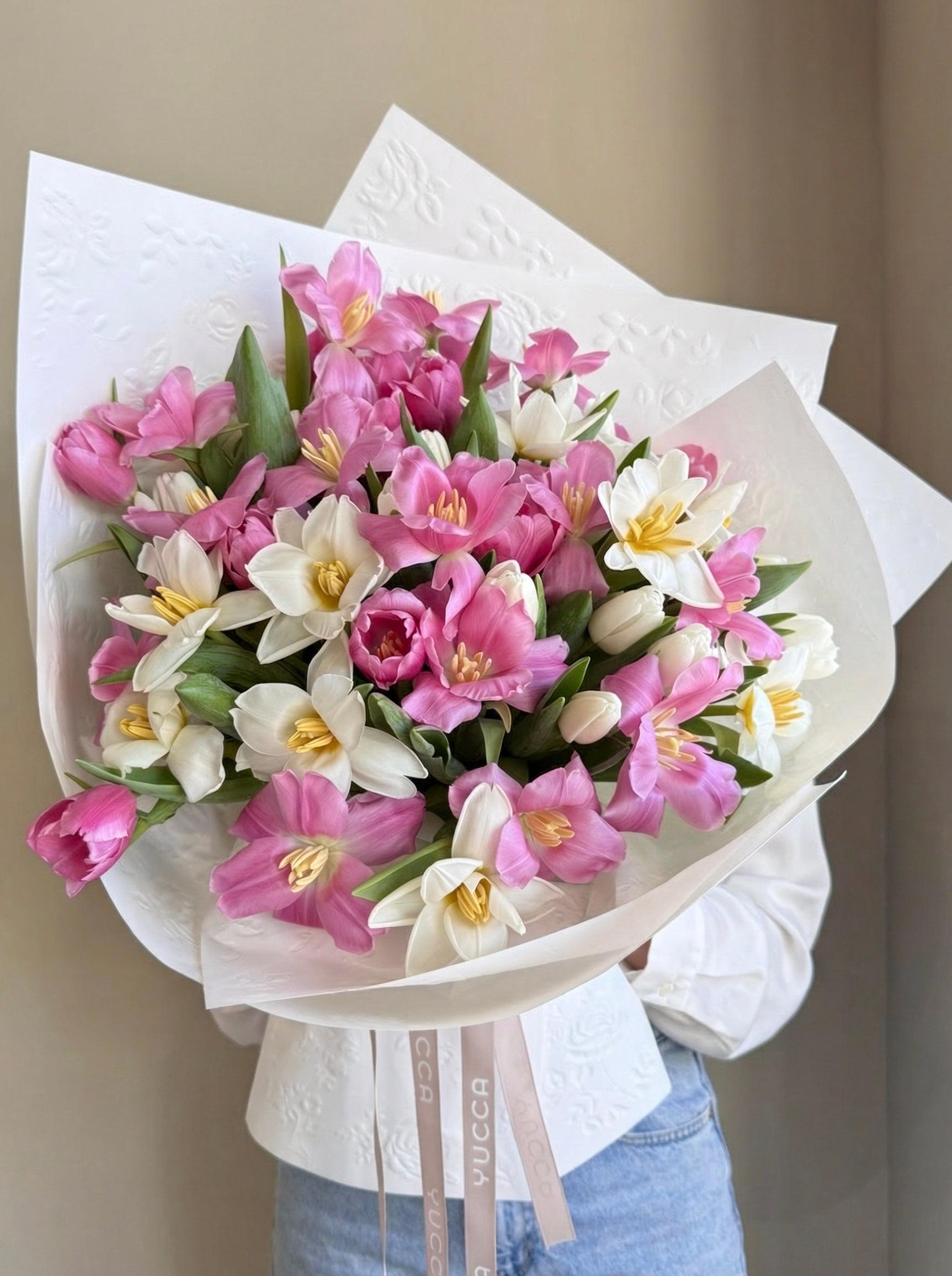 White & Pink Tulips Bouquet