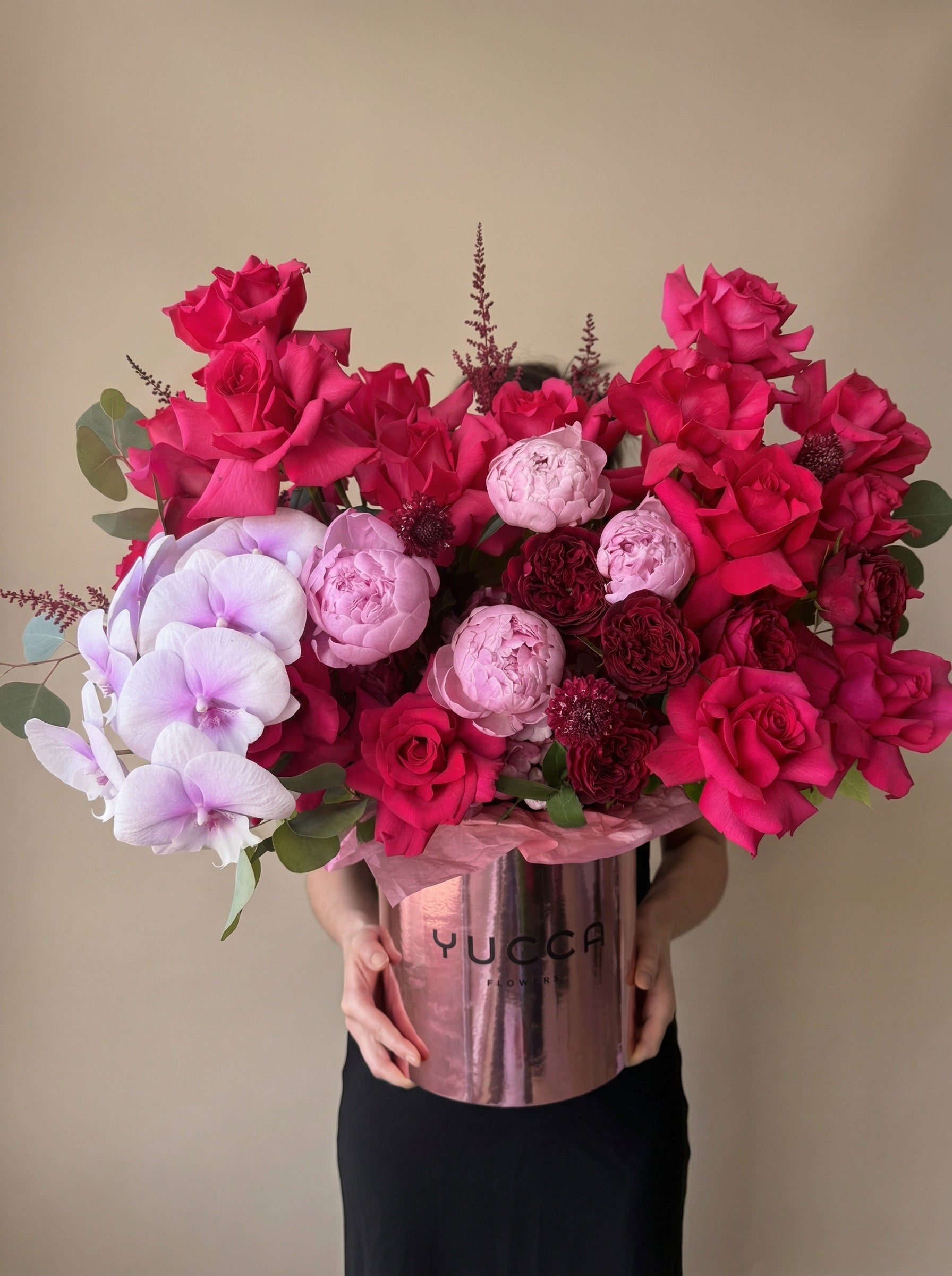 Orchid Elegance– French Pink Roses, Peonies, Orchids – Yucca Flowers