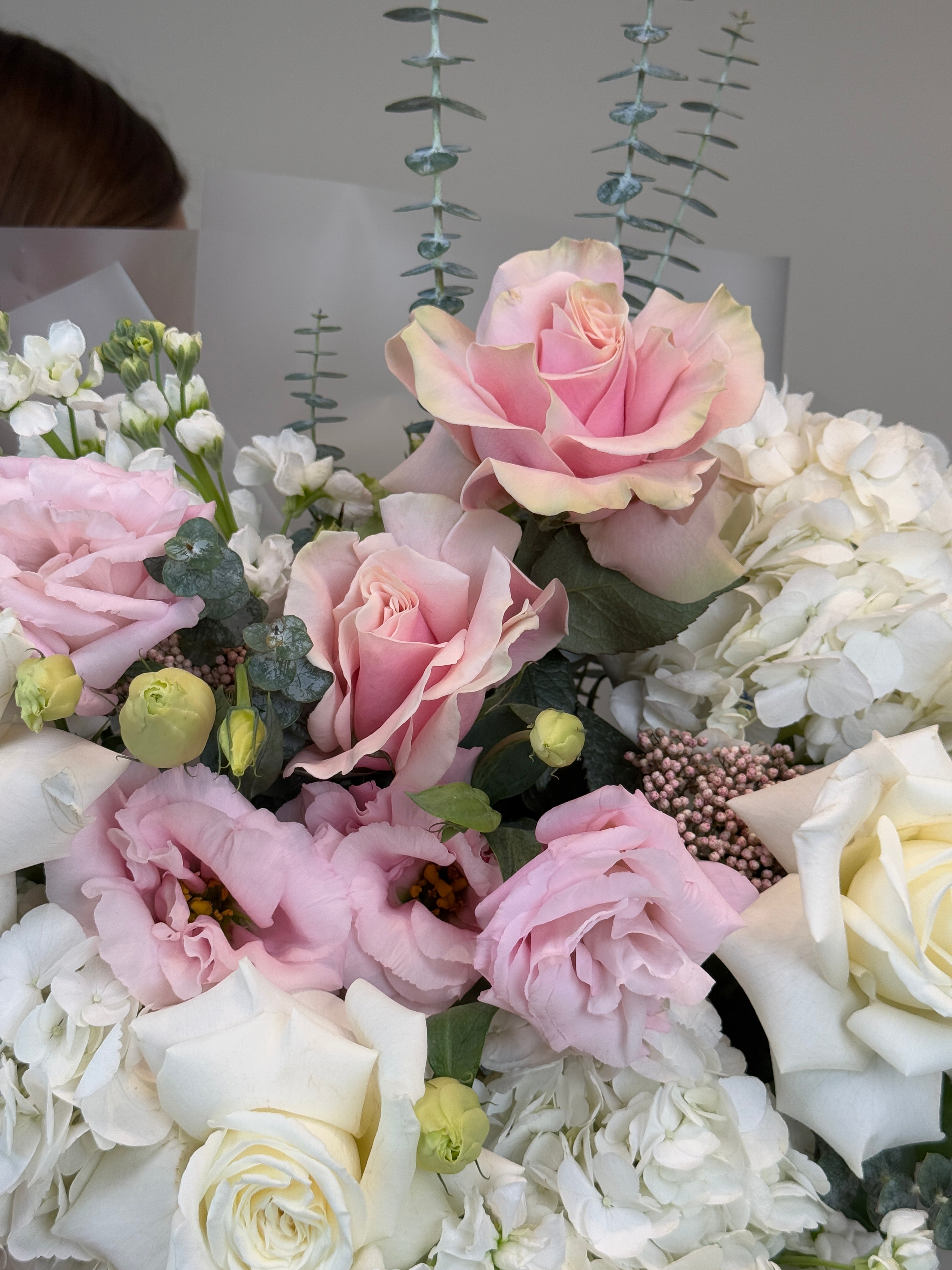 Be my Date - French Pink and White roses, Lisianthus, Hydrangeas bouquet