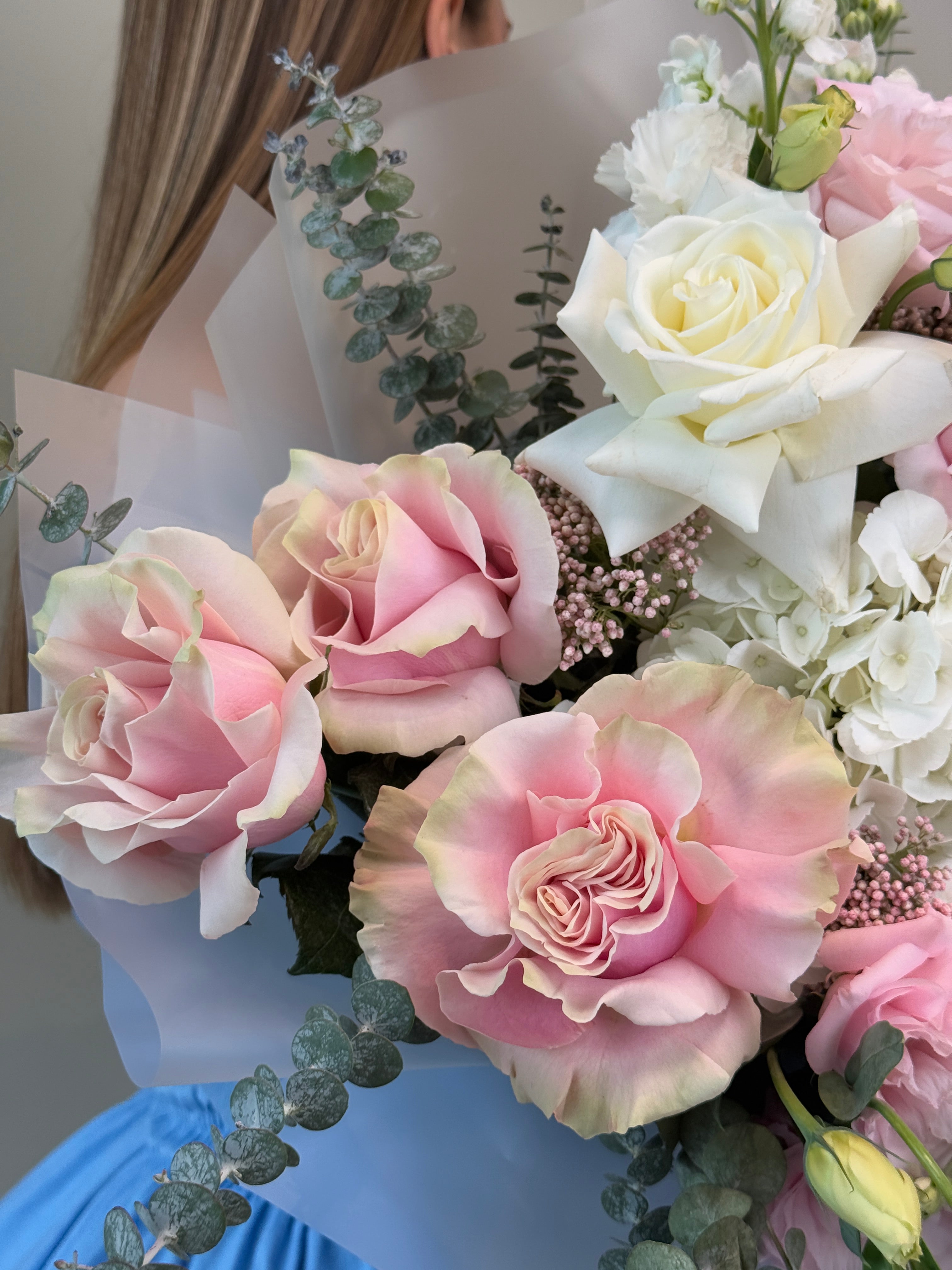 Be my Date - French Pink and White roses, Lisianthus, Hydrangeas bouquet