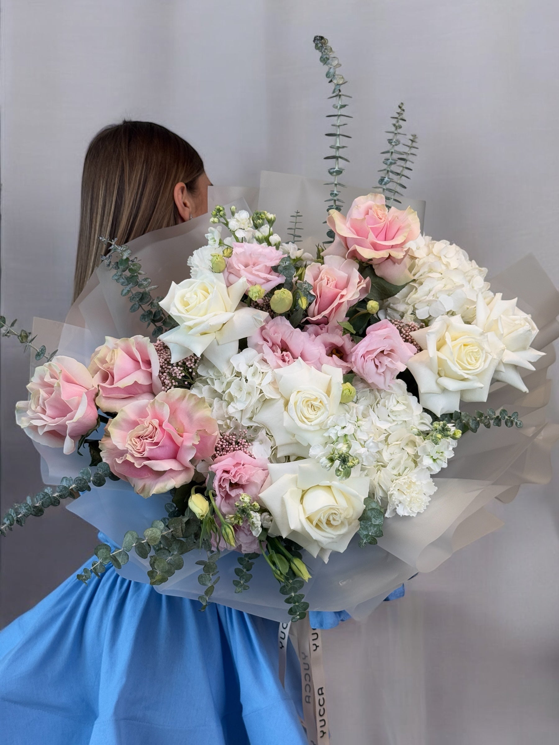 Be my Date - French Pink and White roses, Lisianthus, Hydrangeas bouquet