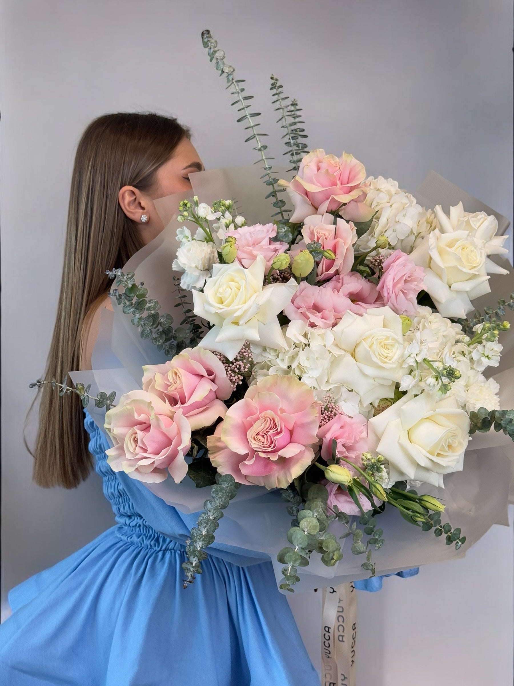 Be my Date - French Pink and White roses, Lisianthus, Hydrangeas bouquet