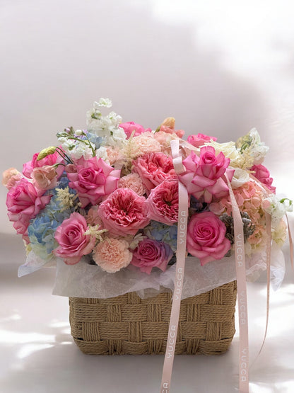 Sweetheart Basket - Premium White & Light Pink Roses, Lisianthus, Hydrangeas, Carnations