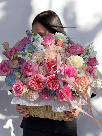 Sweetheart Basket - Premium White & Light Pink Roses, Lisianthus, Hydrangeas, Carnations