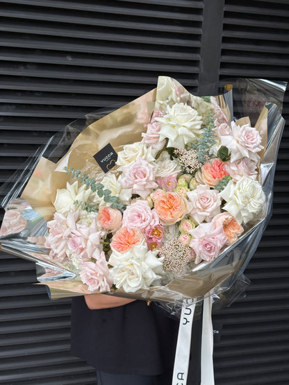 A Touch of Gold - French roses, Spray roses, Tulips, Hydrangeas, Eucalyptus, Rice flowers